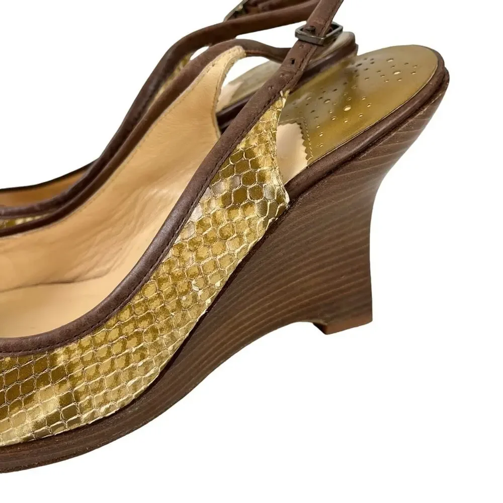 COLE HAAN Genuine Leather Reptile Snakeskin Wedge Slingback Peep Toe Shoes sz 9